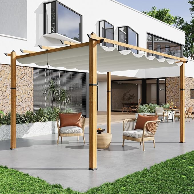 10 x 13 ft Aluminum Pergola with Adjustable Canopy, Outdoor Metal Pergola, Imitation Wood-Grain Sun Shade Shelter for Garden Patio Backyard Deck