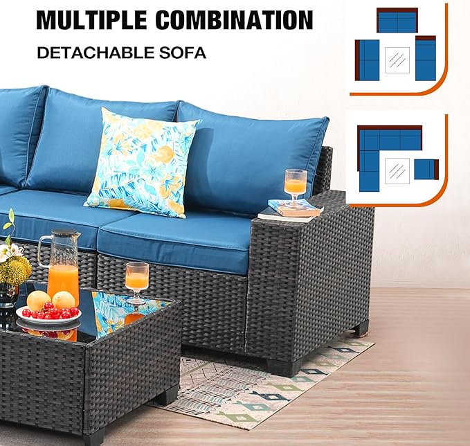 7 Pieces Patio Furniture Set All-Weather Outdoor Wicker Sectional Conversation Sofa Rattan Patio Seating Sofa with Cushion and Glass Table for Porch Poolside,Peacock Blue