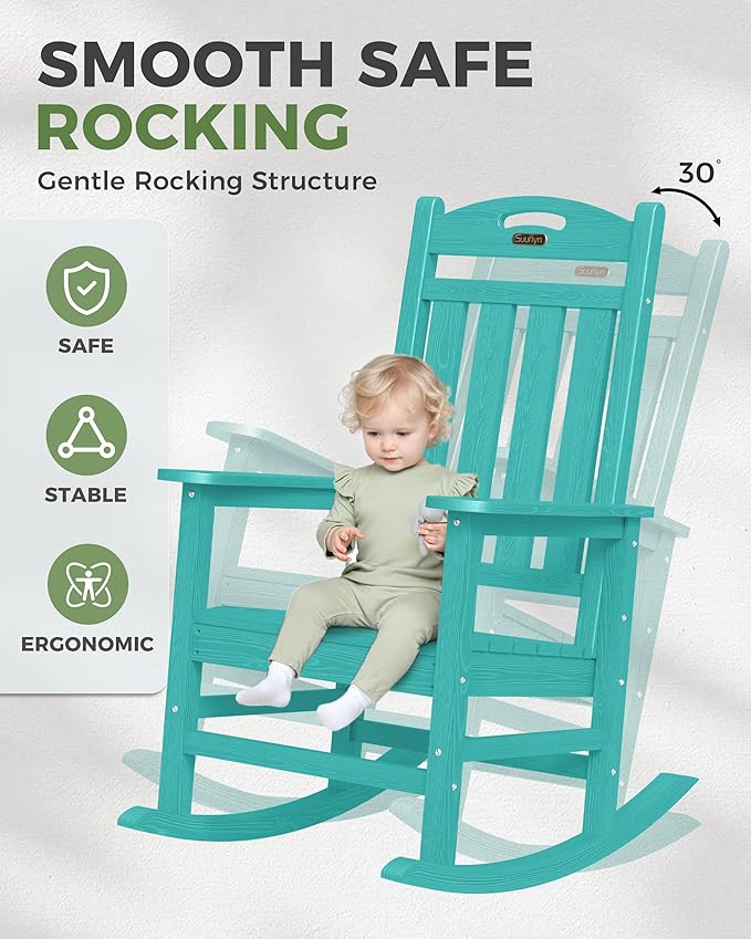 Oversized Rocking Chairs Outdoor Set of 4, High Back Porch Rocking Chair, HDPE All Weather Resistant Patio Chairs, 380lbs Weight Capacity, Lake Blue