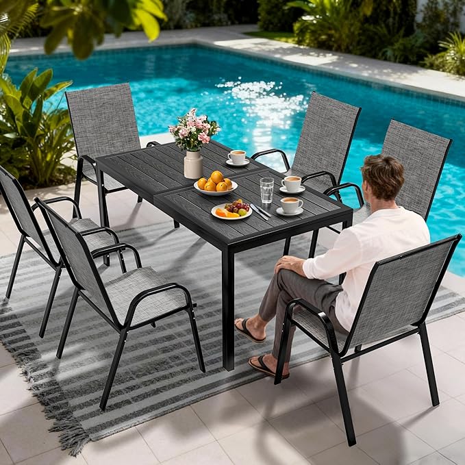 Pamapic Outdoor Dining Sets for 6, Rectangular Steel Slat Table with 6 Textilene Chairs, 7 Piece Patio Table and Chairs Set with Umbrella Hole for Patio, Garden, Backyard and Poolside (Grey)