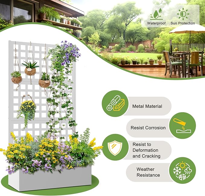 FENCY Metal Raised Garden Bed with Trellis, Planter Box with Trellis, Garden Box for Climbing Plants Vegetable, 35''Lx16''Wx71''H Metal Garden Bed with Drainage Holes(White)