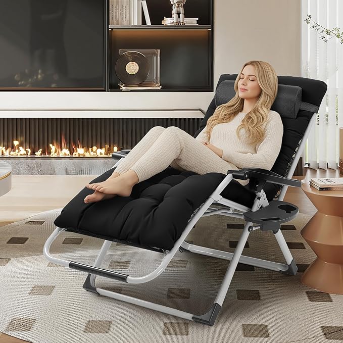 VINGLI 29" Padded Zero Gravity Chair, Lounge Chair with Removable Cushion & Tray， Folding Reclining Patio Chairs， Recliner Chair for Lawn，Indoor Outdoor-Black