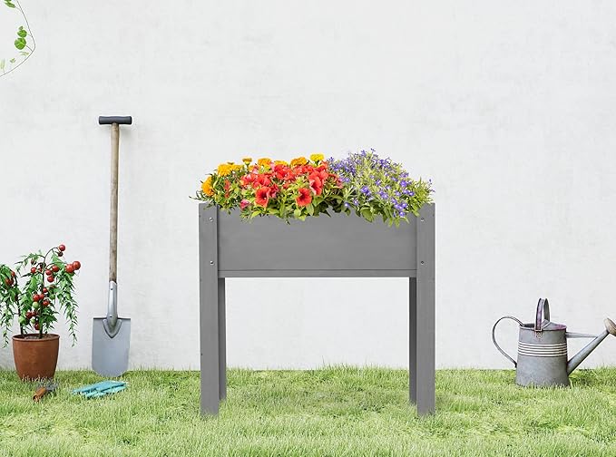 SoliWood Set of 2 Raised Garden Bed with Legs, 31x16x31'', Outdoor Wood Elevated Planter Box, Grey Cedar, Thick Legs, w/Liner