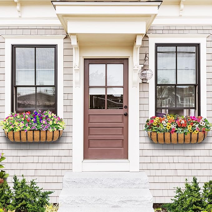 4pcs 30" Window Box Deck Railing Planter with Coco Liner, Metal Hanging Flower Planter Window Basket, Wall Planters Boxes with Horse Trough Coco Liner for Outdoor Indoor Balcony Porch Fence