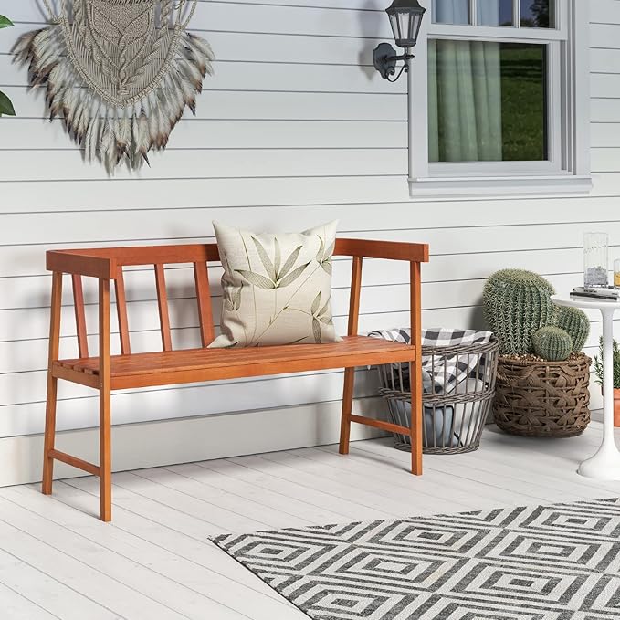 Tangkula Outdoor Eucalyptus Wood Bench, 2-Person Garden Bench with Backrest and Armrests, Garden Bench with Slatted Seat for Porch, Park, Backyard, 800 Lbs Max Load, 43” L x 18” W x 28” H, Natural