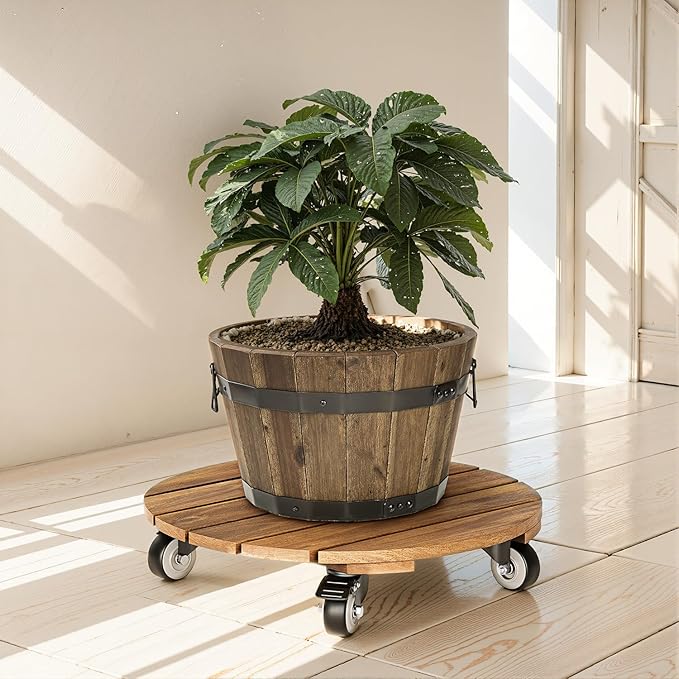 Idzo 2-Pack 14 Inch Acacia Wood Rolling Round Plant Caddy, Plant Caster for Heavy Duty Plant Stand with 360° Lockable Wheels, 264 lbs Capacity Caddy for Indoor and Outdoor Use, Natural Wood