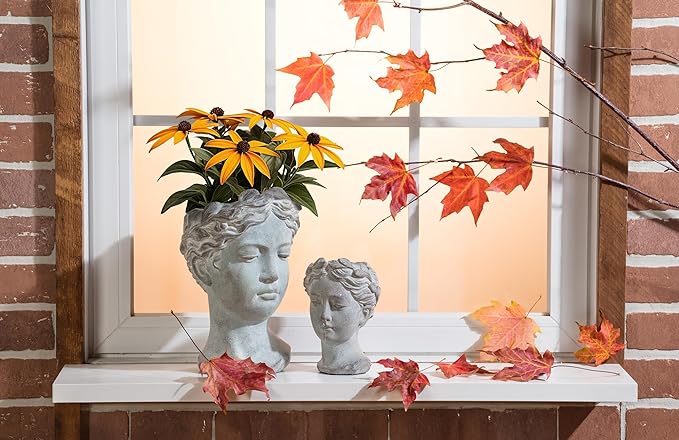 Abbott Collection Goddess Head Planter – Small Cement Indoor and Outdoor Planter Pot – Grecian Woman Statue Head Planter for Flowers and Succulents (Grey, 8.5" Tall, 3.5" Opening)