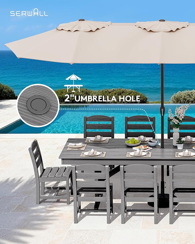 SERWALL 11 Piece Outdoor Dining Set, 84" HDPE Outdoor Table and Chairs for 10，All Weather Patio Furniture Set with Umbrella Hole for Backyard, Garden, Gray