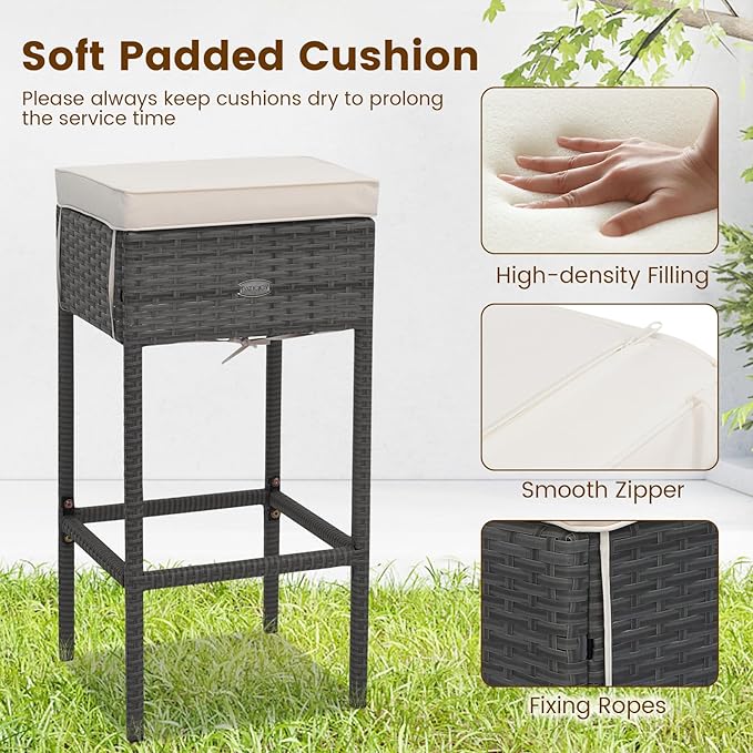Tangkula 5 Piece Outdoor Rattan Bar Set, Patio Bar Furniture with 4 Cushions Stools and Smooth Top Table with Hidden Storage Shelf, Outdoor Conversation Set for Poolside, Backyard, Lawn (Grey-White)