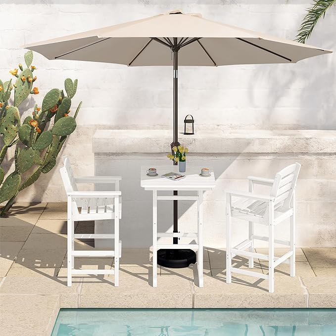 SERWALL 4 Pieces Outdoor Patio Bar Set with 9ft Umbrella, Outdoor HDPE Barstool and Table Furniture Set with Patio Umbrella, White