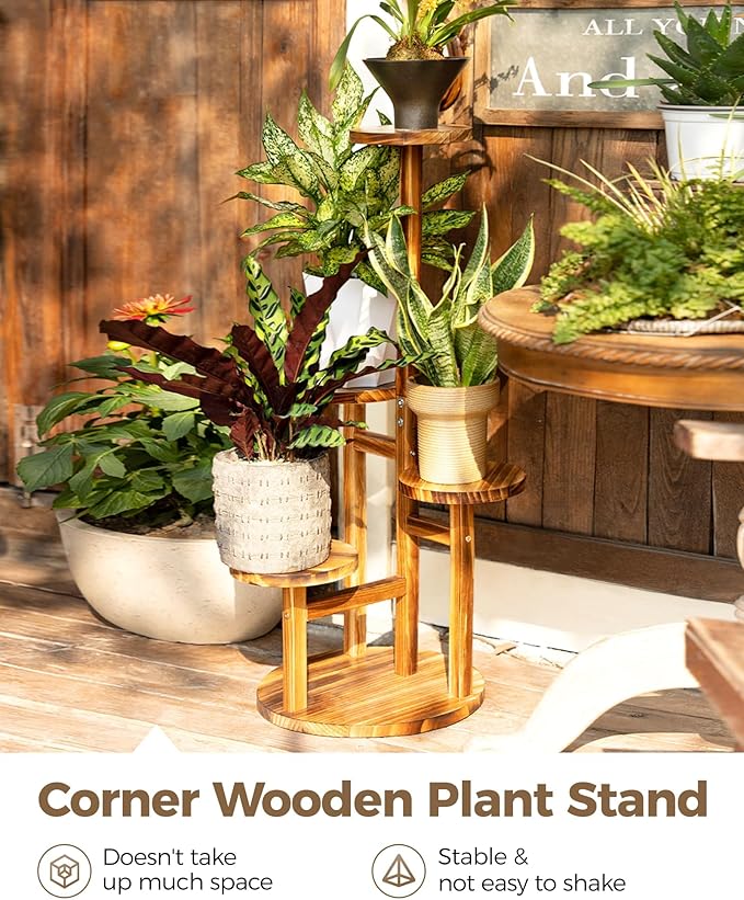 Bamworld Plant Stand Indoor Plant Shelf 4 Tier Wood Plant Stand for Multiple Plants Tall Corner Plant Stands for Outdoor Round Flower Stand Plant Holder for Living Room Patio Garden Balcony Brown