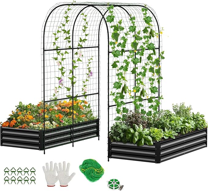DoCred 3 in 1 Raised Garden Bed with 87in Tall Arch Trellis for Climbing Plants, Galvanized Planter Garden Box Outdoor for Gardening, Climbing Vegetables, Flower, Black
