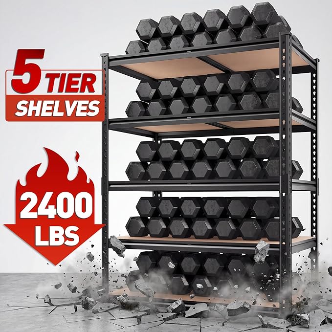 REIBII 2400LBS Storage Shelves 5 Tier Garage Shelving Heavy Duty, Adjustable Metal Shelving Unit, Garage Shelves for Basement, Warehouse, Pantry, Closet, Kitchen 72" H x 35.55" W x 16" D, Black