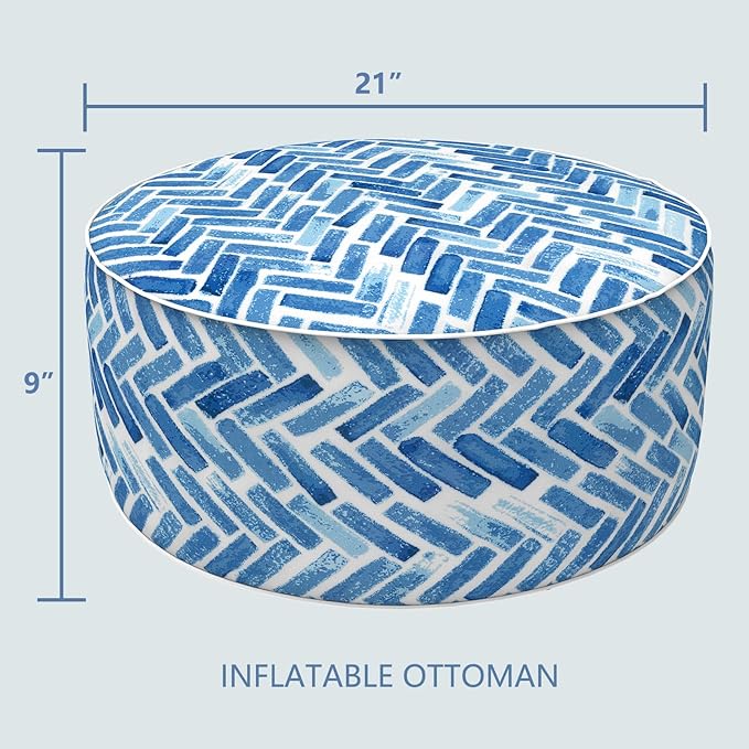 LVTXIII Indoor/Outdoor Inflatable Ottoman, All Weather Round Footrest Stool D21”x H9”, Portable for Patio Garden Camping or Home-Blue Bricks