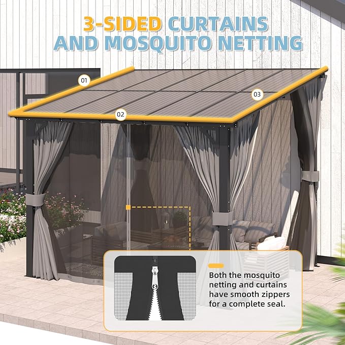 AECOJOY 10’ x 10’ Gazebo, Wall Mounted Gazebos Pergola with Curtains and Mosquito Netting, Enhanced Protective Outdoor Patio Lean to Gazebo Awnings for Deck, Porch, Backyard and Outside