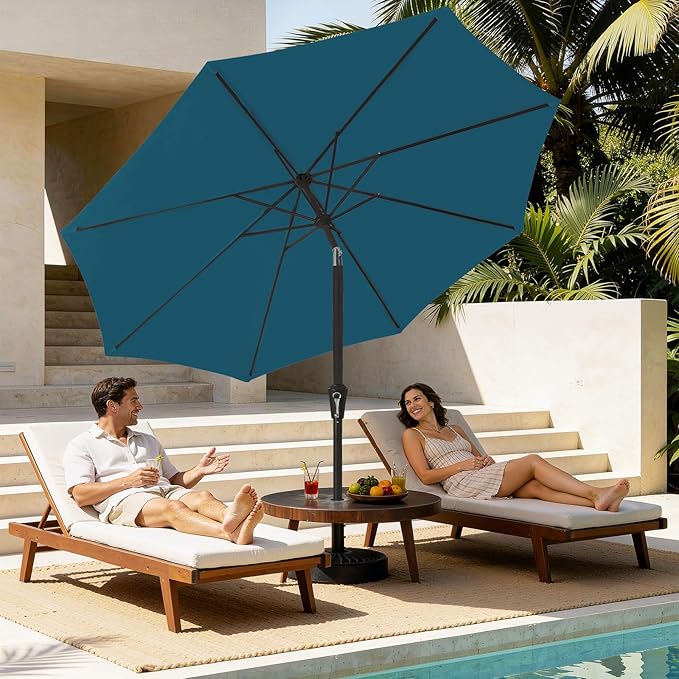 MEWAY 9ft Patio Umbrella Outdoor Table Umbrellas with Push Button Tilt and Crank, Market Umbrella 8 Sturdy Ribs for Deck, Garden, Pool and Backyard, Lake Blue