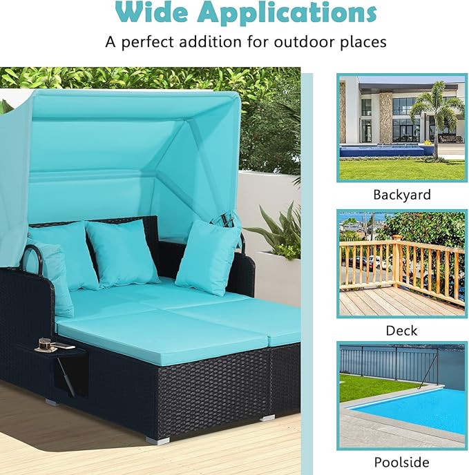 Tangkula Patio Rattan Daybed with Retractable Canopy, Patiojoy Wicker Sun Lounger with 2 Foldable Side Panels, Thick Seat & Back Cushions, for Garden, Backyard, Porch (Turquoise)