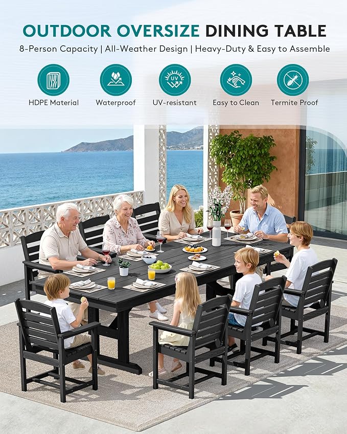 SERWALL Outdoor Dining Chairs Set of 4, All-Weather HDPE Patio Chair with 19.7" Widened Seat, for Backyard, Garden, Black