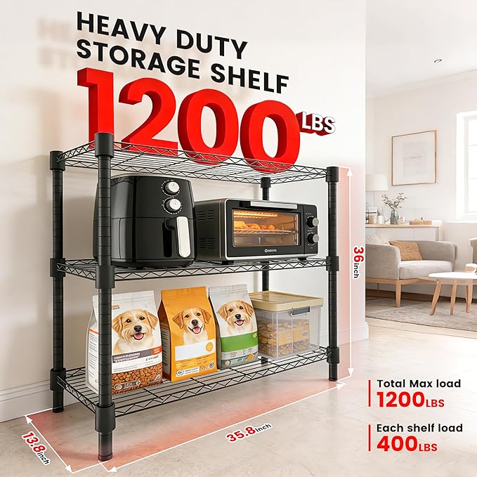 Xcity Storage Shelves, 3 Tier Heavy Duty Metal Shelving Unit, 1200 LBS Capacity Adjustable Steel Wire Shelf Organizer for Pantry, Kitchen, Garage, 14" D x 36" W x 36" H, Black