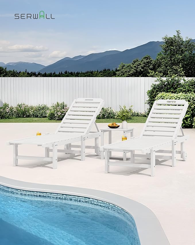 SERWALL Outdoor Chaise Lounge Set of 8, HDPE Pool Lounge Chairs with 5-Position Adjustable Backrest, Patio Loungers with Rolling Wheels & Cup Holder for Pool Sunbathing, White