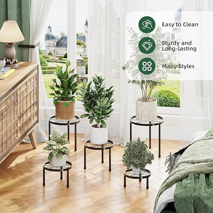 Simple Trending Metal Plant Stand Indoor Outdoor, Heavy Duty Flower Pots Stand, Anti-Rust Iron Plant Pot Shelf Holder for Multiple Plant (5 Pack Black)