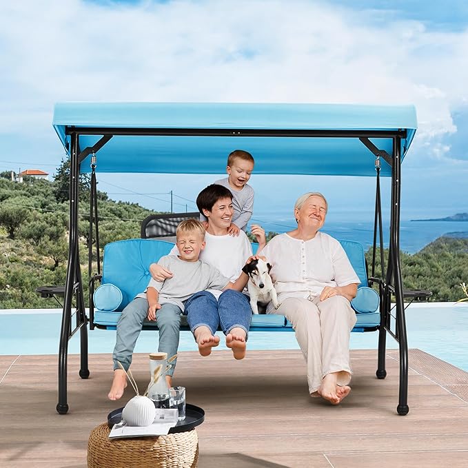HOMREST 3 Seat Outdoor Porch Swing with Adjustable Canopy, Convertible Patio Swing Bed with Stand, Patio Glider Swing with Upgraded Cup Holder, Thicken Cushions ＆ Pillow for Backyard（Sky Blue）