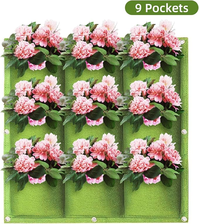 Hanging Planting Grow Bags, 9 Pockets Hanging Vertical Wall Planter Wall Mounted Grow Bag Outdoor Indoor Gardening Vertical Greening Flower Container, Planting Bags Storage Bags(0.5 m × 0.5 m, Green)