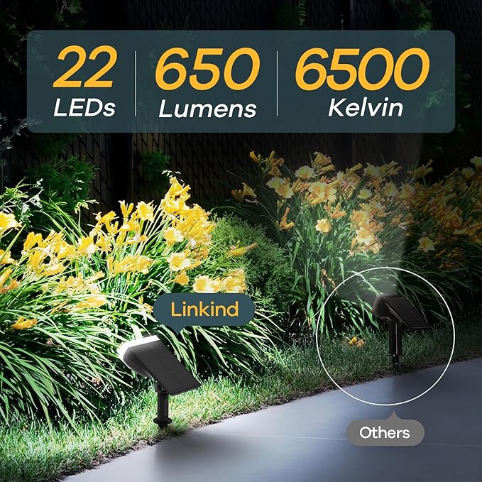 Linkind Solar Lights Outdoor Waterproof IP65, StarRay Dusk-to-Dawn Outdoor Solar Lights, 3 Lighting Modes Solar Spot Lights Outdoor for Garden, Yard, Landscape (Daylight, 6 Pack)