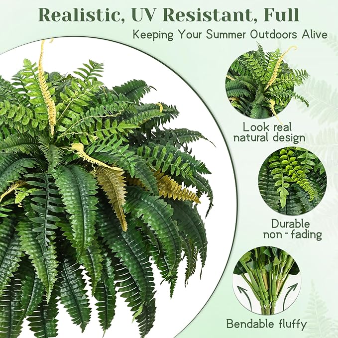 MARTINE MALL 48 inch Fake Ferns Artificial Ferns for Outdoors Look Real, 88 Branches Large Faux Boston Fern for Outdoor Planter Realistic UV Resistant Hanging Artificial Fake Plants for Porch Patio