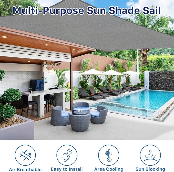 12'x12' Sun Shade Sail, UV Protection Outdoor Shade, Curved Tear Resistant Heavy Duty Sun Shade for Patio Garden, Backyard, Deck, Car Port, Playground, (Grey)