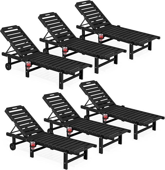 SERWALL Outdoor Chaise Lounge Set of 6, HDPE Pool Lounge Chair with 5-Position Adjustable Backrest, Patio Lounger with Rolling Wheels & Cup Holder for Pool, Black
