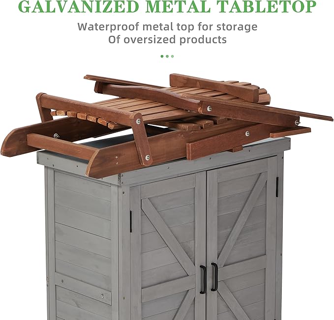 Outdoor Potting Bench with Storage Cabinet and Metal Top, Wood Workstation for Outdoor Patio, Garden (Dark Grey, 31x17x36‘’)