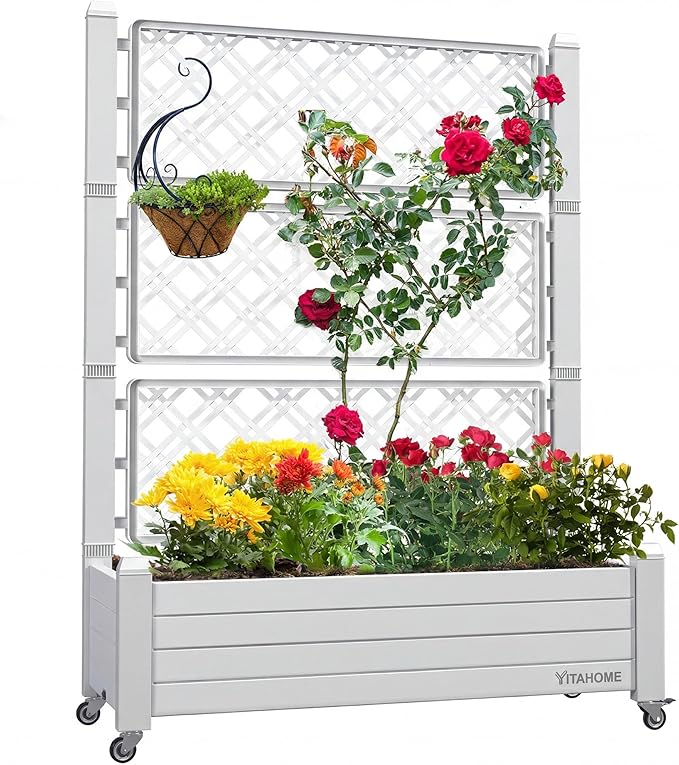 YITAHOME 43.3x17.7x61 in Planter Trellis Box with Wheels & Drain Plug, Outdoor Resin Raised Garden Bed for Climbing Plants, Large Weather-Resistant Design, Grayish-White