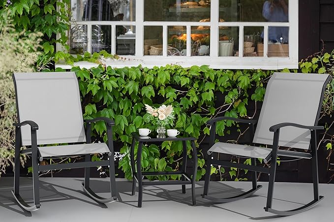 Vongrasig 3 Piece Outdoor Rocking Bistro Set, Textilene Fabric Small Patio Furniture Set, Front Porch Rocker Chairs Conversation Set with Glass Table for Lawn, Garden, Balcony, Poolside (Light Gray)