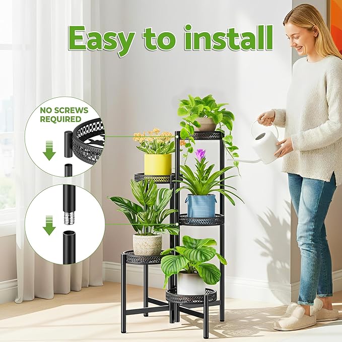 Plant Stand Indoor Outdoor, 5 Tier Corner Metal Flower Display Holder Shelf, Folding Tall Rack for Patio Balcony Porch Garden Living Room House, Heavy Duty Wrought Iron Plant Shelf- BlackWave