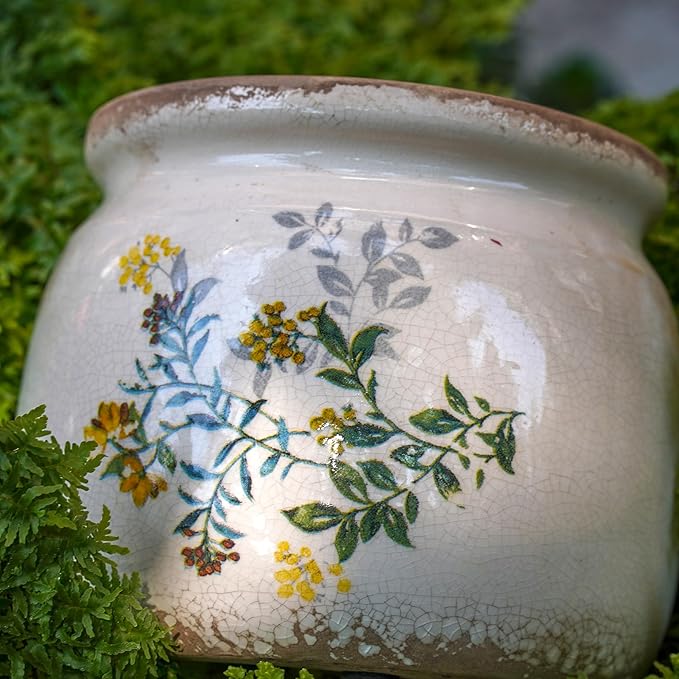 Vintage Ceramic Ice Crack Flower Pot with Drainage Holes, Country Rustic Planters for Indoor and Outdoor,Tuscan Decor,Home,Living Room, Garden Decor, Gardening Gift (English)