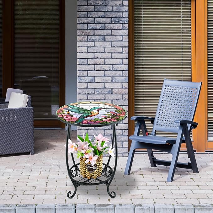 Outdoor Side Table Round Small Mosaic Patio Accent Indoor End Plant Metal Coffee Tea Table for Yard Porch Garden Patio Living Room, Bedroom(Hummingbird Style,14 Inch)