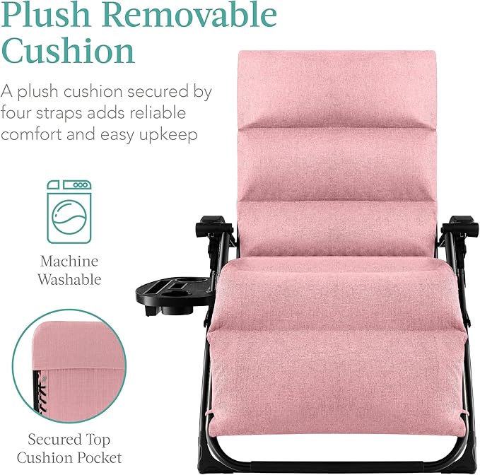 Best Choice Products Oversized Zero Gravity Chair, Folding Outdoor Patio Recliner, XL Anti Gravity Lounger w/Removable Cushion, Cup Holder, Side Tray, 350lb Capacity - Pink