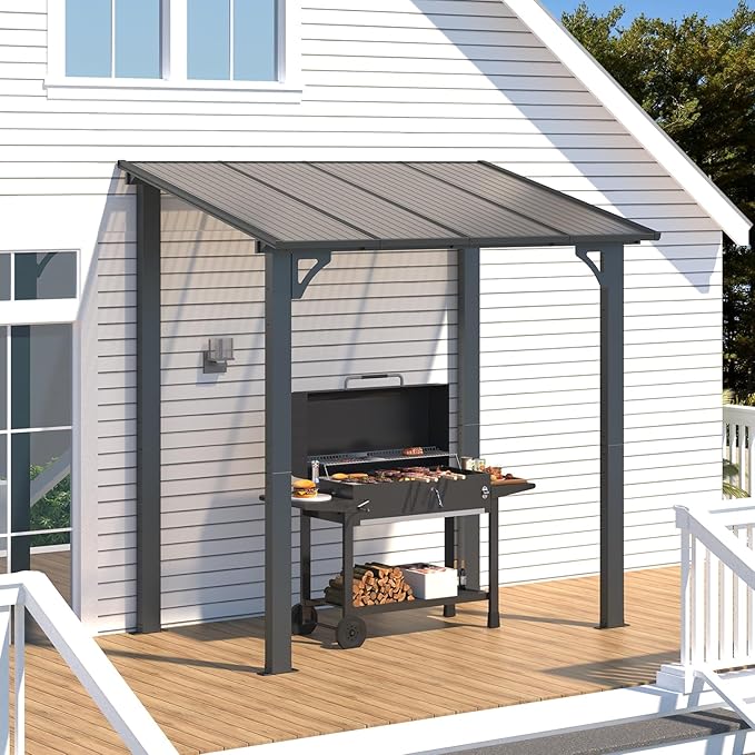 AECOJOY 8' x 5' Grill Gazebo Outdoor Pergola for Patio, 5x8 Lean to Hard Top Grill Gazebo Shelter Pergolas and Gazebos Clearance with Roof, Small Wall-Mounted Heavy Duty Awnings for Patio, Decks