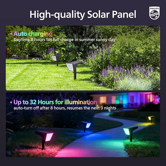 Philips 2 Packs Solar RGBW Spot Lights Outdoor, 18 LED Solar Powered Landscape Lights, 9 Lighting Modes Color-Changing Dusk to Dawn Waterproof Pathway Spotlights for Garden Trees Halloween Christmas