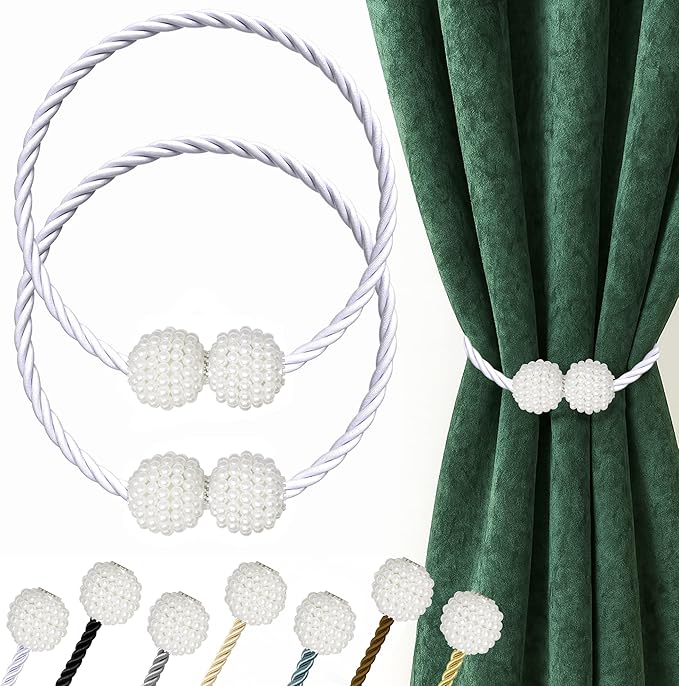 Hion Magnetic Curtain Tiebacks White 2pcs, Curtain Tiebacks Buckles Holdbacks Holders Hooks Clip for Home Bedroom Office Decorative Curtain