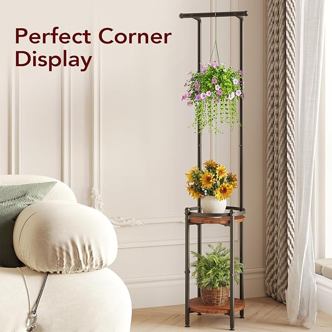 Plant Stand Indoor Outdoor - Heavy Duty Metal 2-tier Hanging Plant Holder Space-Saving Iron Plant Stands Tall Plant Shelf for Living Room Garden Balcony（Rustic Brown and Black）