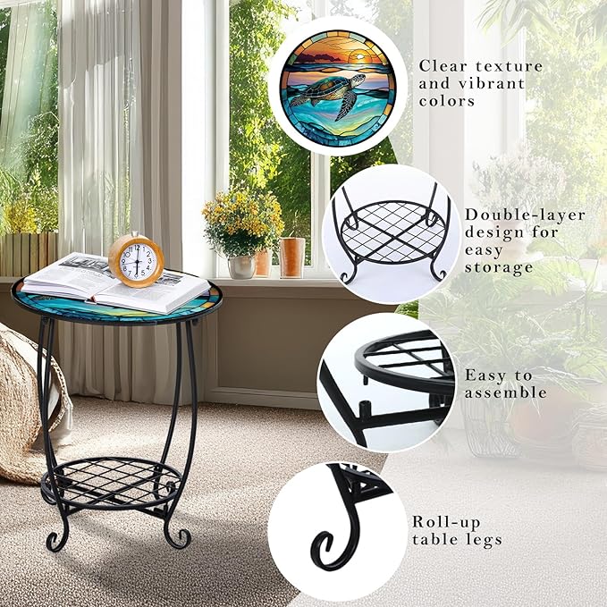 Outdoor Side Table Round Small Mosaic Patio Accent Indoor End Plant Coffee Tea Table for Yard Patio Porch Garden Living Room, Bedroom(Turtle Style,18 Inch)