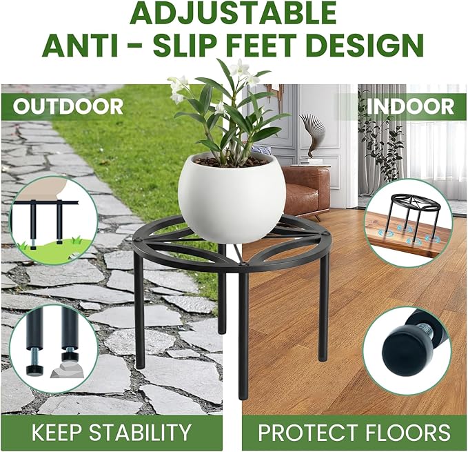 TOSKING Heavy Duty Metal Plant Stand for Indoor Outdoor, 10.2" Rustproof Wrought Iron Potted Plant Holder with 4 Adjustable Feet, Modern Geometric Pattern Round Rack for Drink Dispenser, Black