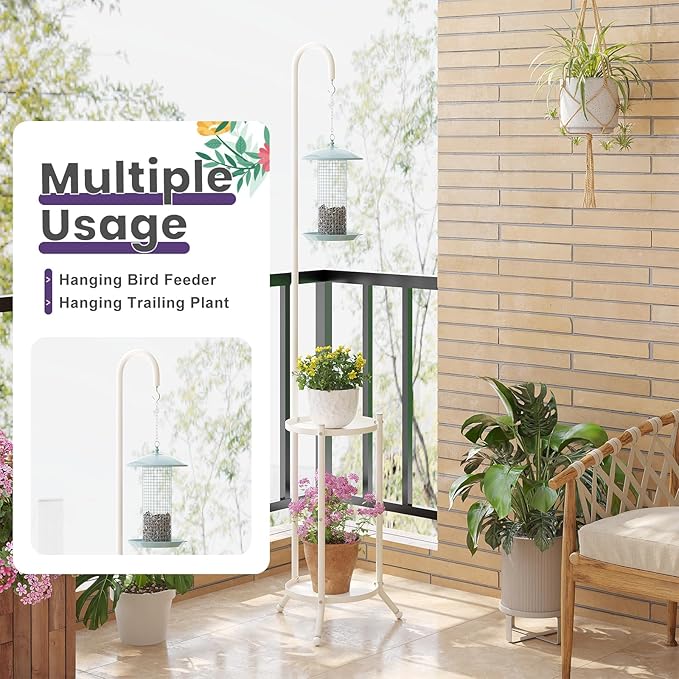 2-Tier Metal Plant Stand with Hanging Hook, Indoor Outdoor Plant Shelf,Heavy Duty Plant holder Rustproof Iron Multiple Plant Round Supports Rack for Planter Corner Garden Balcony Patio (Cream)