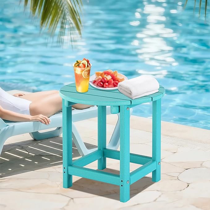 LZRS Round Adirondack Patio Side Table End Table, Outdoor Side Tables for Patio, Backyard,Pool, Indoor Companion, Easy Maintenance & Weather Resistant(Turquoise)