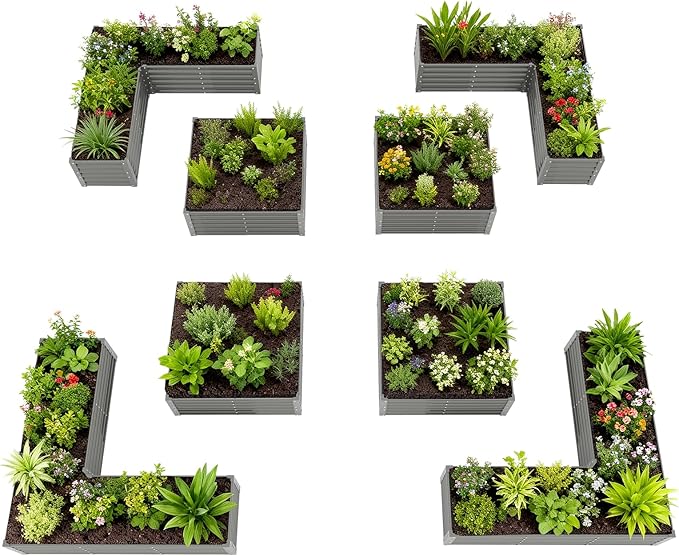 A ANLEOLIFE Set of 8,18 Inch Tall Quartz Grey Raised Garden Beds Kit, L-Shaped & Square Metal Planters –Ideal for Structured Backyard Layouts.