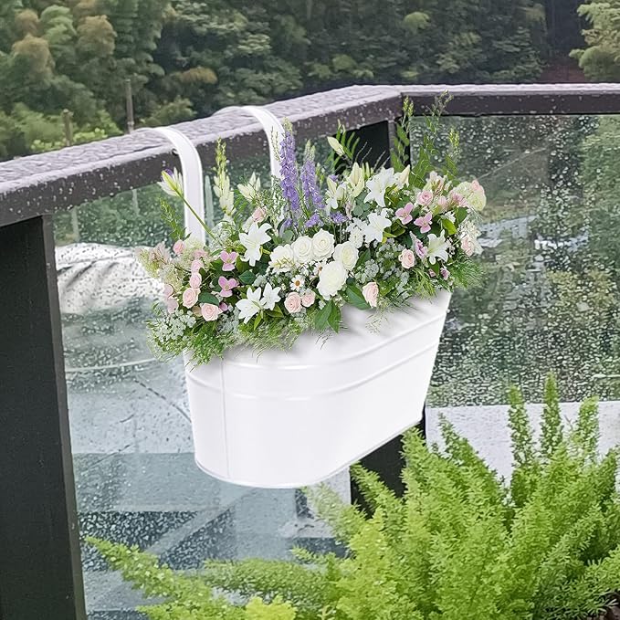 HowRU Metal Iron Flower Pots for Railing Fence Hanging Bucket Pots(5 Pcs) and Hanging Flower Pots Metal Iron Bucket Planter(10 Pcs) (White)