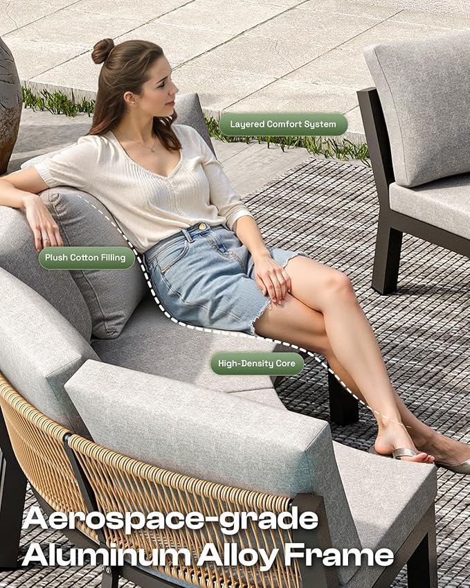 Outdoor Patio Furniture Set, 4 Piece Half Moon Aluminum Patio Conversation Sets Curved Sofa with PE Rope, All-Weather Sectional Furniture Set with Modular Coffee Table & Cushions, Gray
