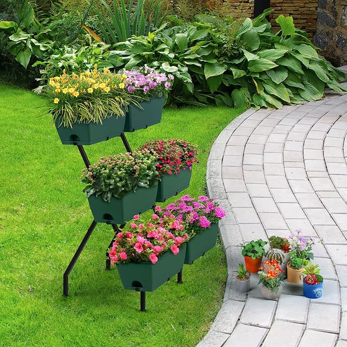2 Column Vertical Raised Garden Beds, 6 Planter Boxes Standing Garden Bed Outdoor/Indoor Herb Garden Tiered Planter with Drainage Holes & Removable Trays for Flowers/Vegetables/Plants (Green)